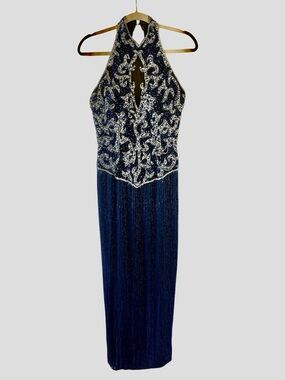 Vintage Cache Navy Sequins Beaded Halter Gown Front mesh Formal Dress 4